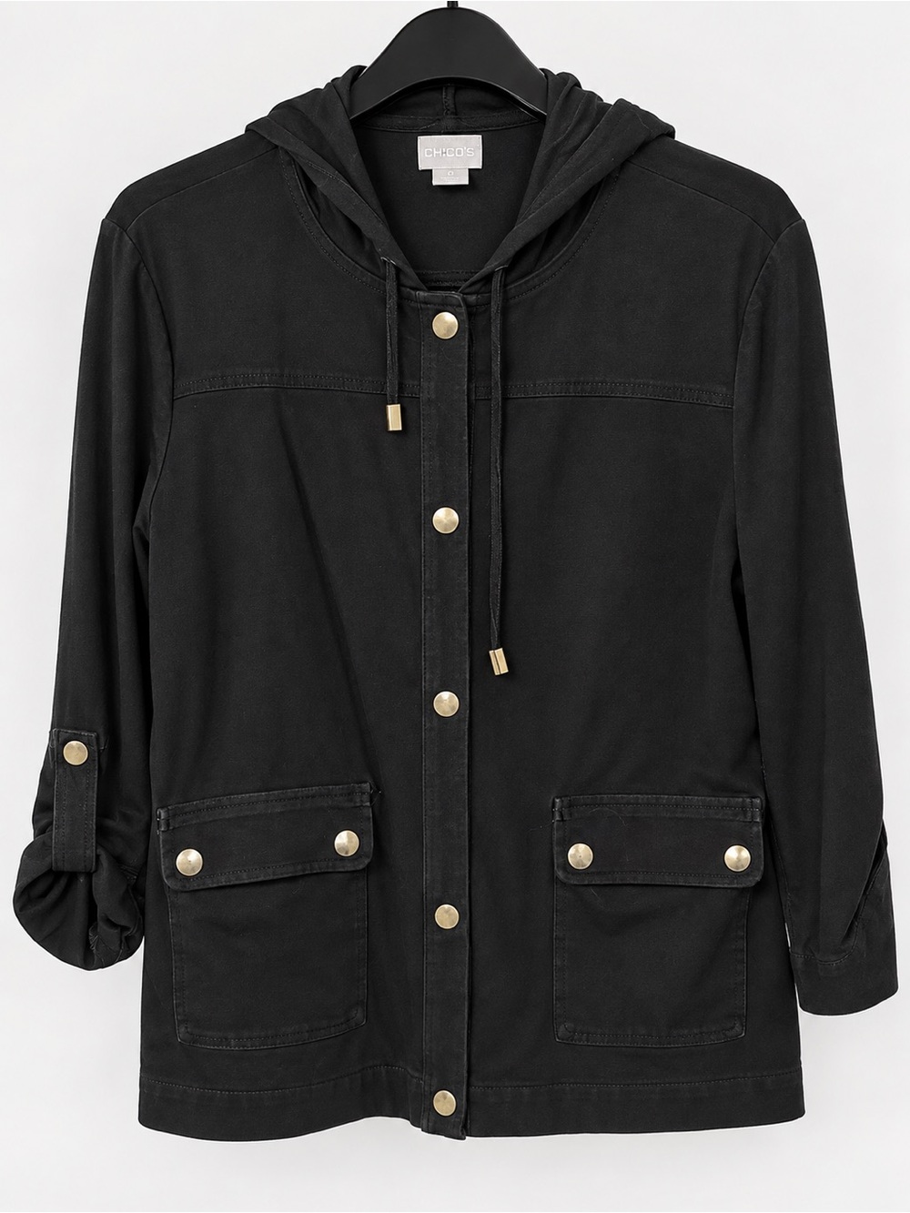 Chico’s Zenergy Black Hooded Utility Jacket Size 1 8/10 Cotton Stretch
